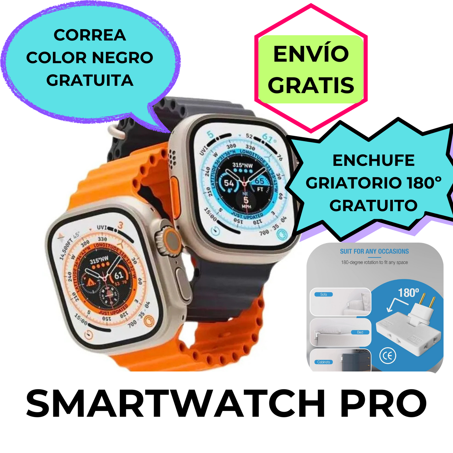 SMARTWATCH ULTRA PRO 2 CON CORREA COLOR NEGRO Y ENCHUFE DE REGALO